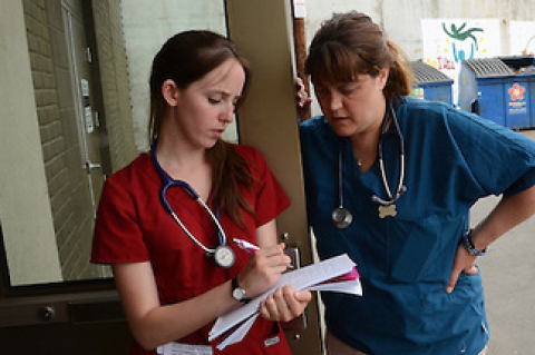 Two female veterinarians discussing a case. 