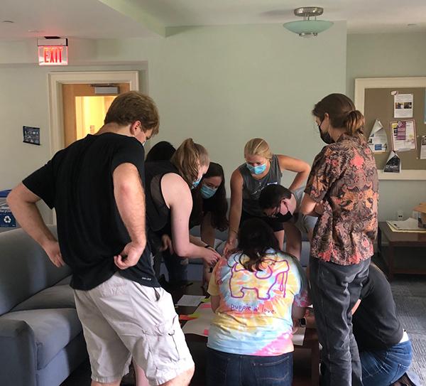 Group of students doing team-building activity during Tufts Veterinary Orientation