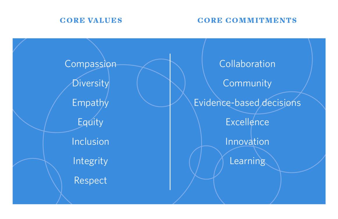 blue and white graphic of Core Values and Core Committments for Cummings School of Veterinary Medicine's Strategic Vision 2030