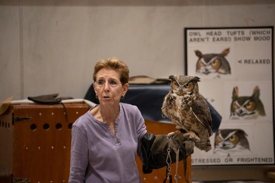 Wingmasters: Birds of Prey presents an owl to the group and shares about it’s behaviors and habitats.