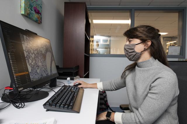 A woman in a face mask working at a computer