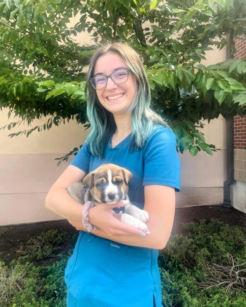 a smiling person with long blond and light blue hair wearing galsses and blue scrubs is holding a puppy