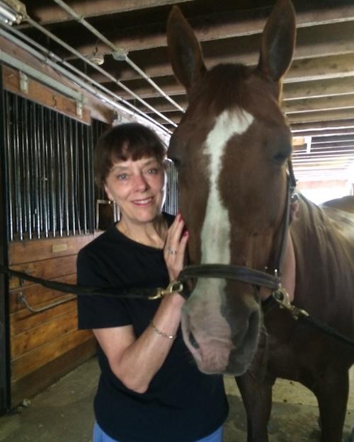 a smiling person wearing a black short sleeve shirt standing next to a horse.