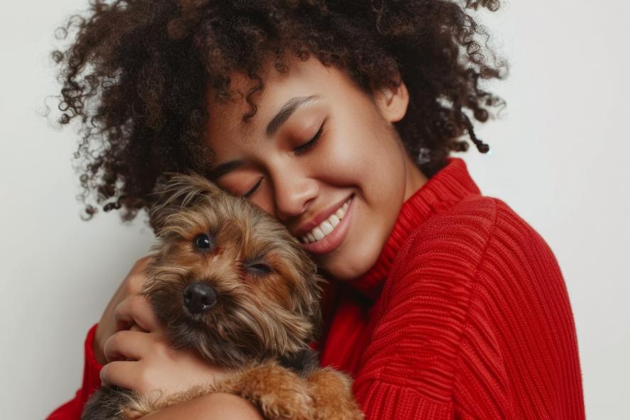 Joyful embrace between a woman and her furry friend.