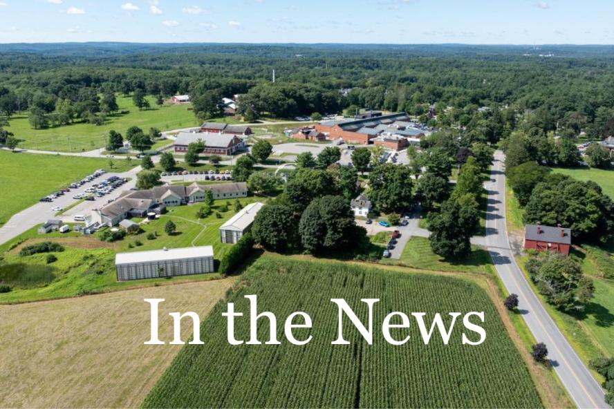 Graphic with aerial view of Cummings School of Veterinary Medicine at Tufts University's campus. Overlay words read "In the News"