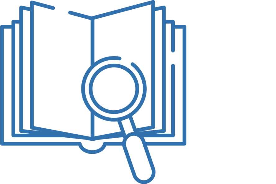 blue and white graphic of pages in a book with a magnifying glass.