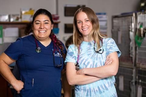 Veterinarians Kayla Sample and Jane Waterfall at Tufts at Tech Veterinary Clinic in Worcester.