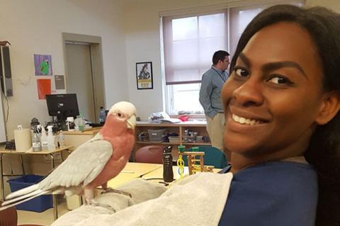 India Napier poses for a picture with a bird