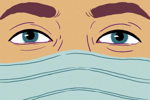 Illustration of a man's face covered by a surgical mask.