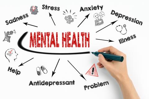 Mental Health Concept. Chart with keywords and icons on white background (Photo Courtesy of Getty Images/iStockphoto)