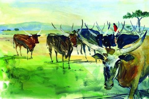 A watercolor painting of cattle grazing in Africa. 