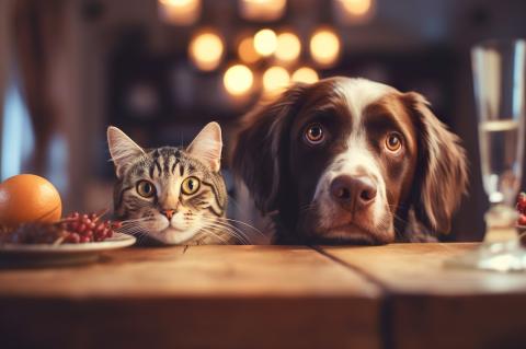 Cat and dog friends waiting for food at dinner table.