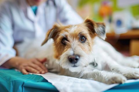 Dog being examined by professional veterinarian in vet clinic in cropped horizontal view.