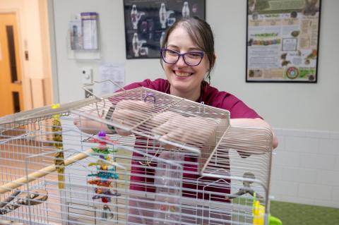 Person smiling in an exam room with purple glasses wearing a maroon shirt and standing in front of a bird cage