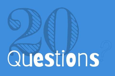 blue rectangular graphic with number 20 and word 'Questions'