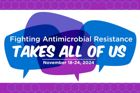 Purple and white graphic fighting antimicrobial resistance takes all of us