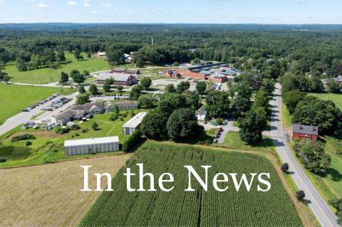 Graphic with aerial view of Cummings School of Veterinary Medicine at Tufts University's campus. Overlay words read "In the News"