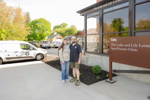 Animal Control Officer Kevin Sullivan and scheduling coordinator Paula Dryden, standing in front of the  Luke and Lily Lerner Spay/Neuter Clinic (Lerner Clinic) at Cummings School of Veterinary Medicine at Tufts University.