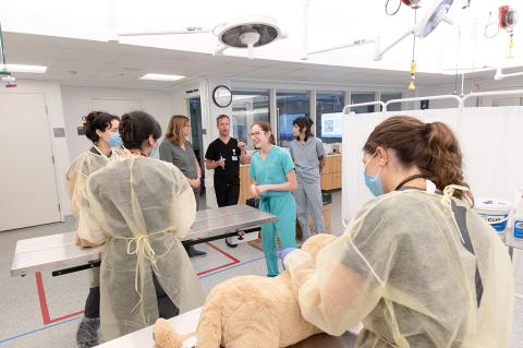 Dr. Ariana Hinckley-Boltax, wearing blue scrubs, smiles while teaching a group of students in a veterinary simulation lab. Students are dressed in protective gowns and masks, working with simulation models on a metal exam table. Photo: Jeff Poole, Cummings School of Veterinary Medicine
