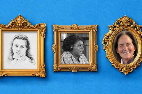 three of ornate gold picture frames arranged on a blue background featuring portraits of women in both black-and-white and color photographs