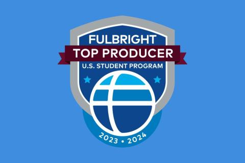 Fullbright Top Producer Logo on Tufts blue